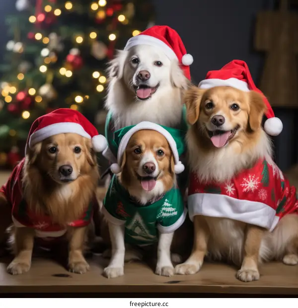 Four dogs wearing Santa hats and Christmas sweaters