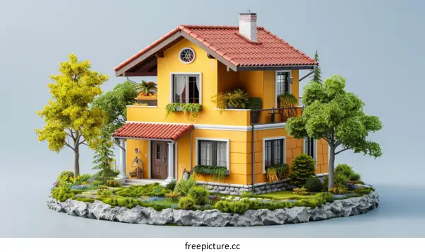 Yellow Two-Story House with Red Roof Surrounded by Garden