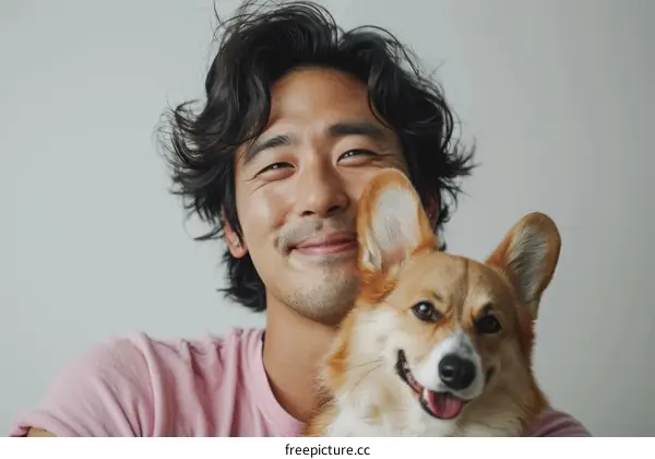 A smiling man with a corgi dog
