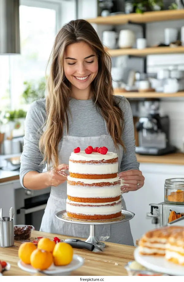Woman decorating a multi-tiered cake in a kitchen