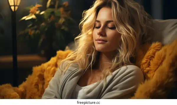 Beautiful blonde woman relaxing on a couch with her eyes closed