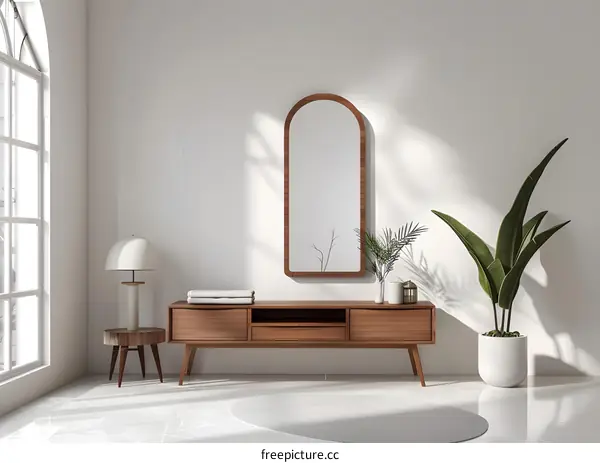 Modern Minimalist Living Room Interior Design With Arch Mirror And Wooden Console Table