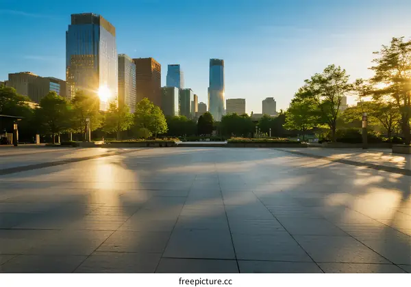 Sunlit Urban Square with Modern Skyscrapers in the Background