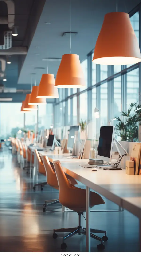 Modern office interior with empty workstations and orange lamps