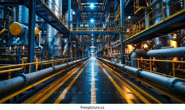 A blue and yellow industrial interior with a long walkway and pipes