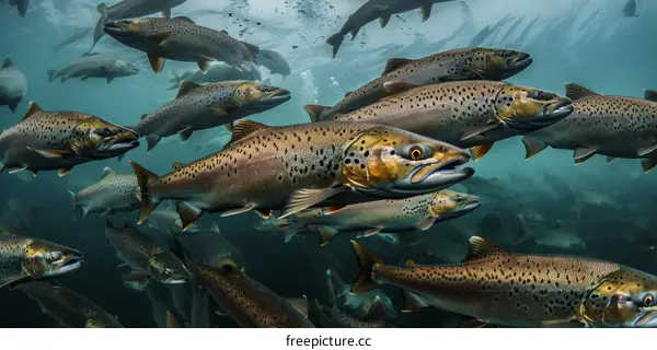 A School of Salmon Swimming Upstream