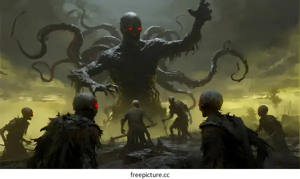 Giant Octopus-like Monster with Red Eyes Leading Zombie Army