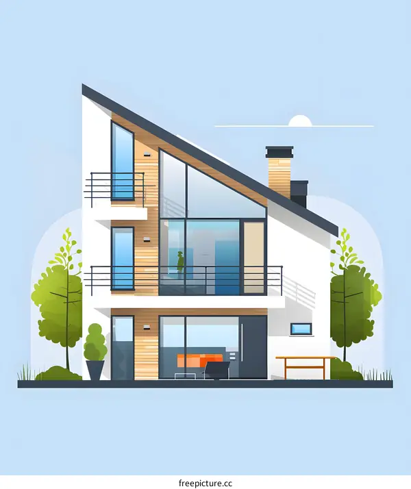 Modern House with Large Windows and Balcony