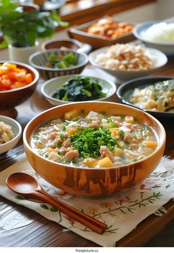 Japanese Miso Soup with Meatballs and Vegetables