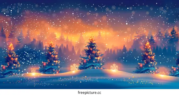 Christmas trees in a snowy forest