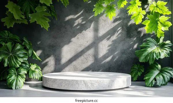 Empty Round Stone Display Podium in Botanical Setting