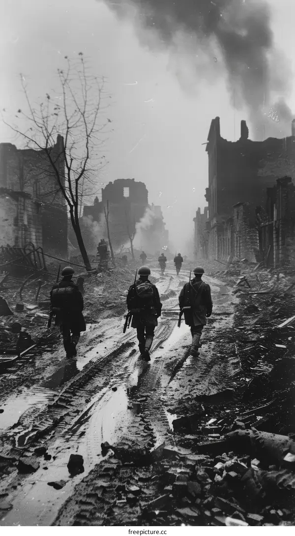 American soldiers walking through a destroyed city during World War II