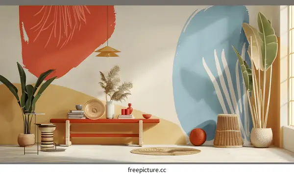 Modern Interior Design With Abstract Wall Art And Plants