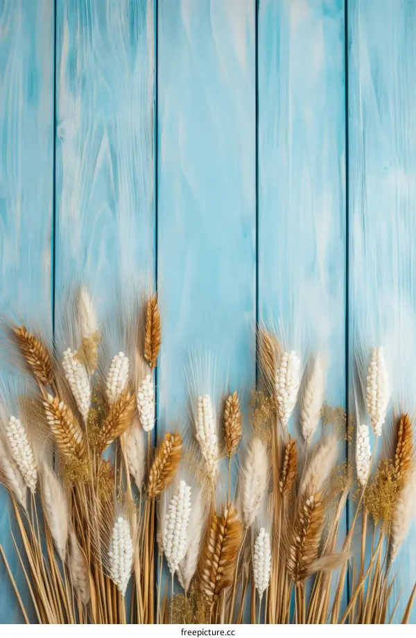 Dried wheat stalks on blue wooden background