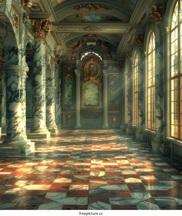 Ornate Hallway with Marble Columns and Windows