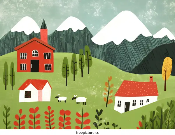 Cute Cartoon Illustration of Red Roof Houses on a Mountain Hill