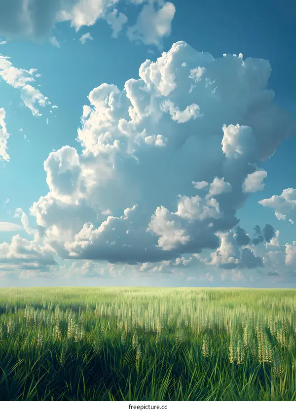Green field under blue sky and white clouds