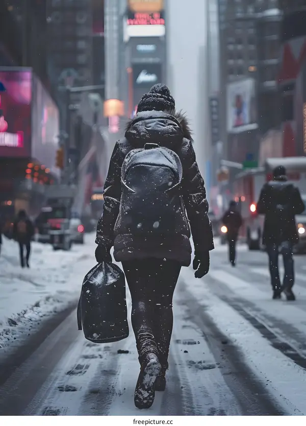 Woman Walking in Snowy City Street