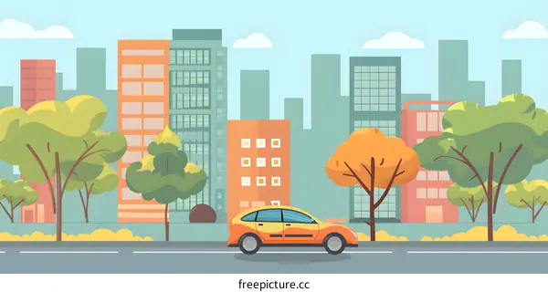 Cityscape Illustration With Yellow Car On The Road