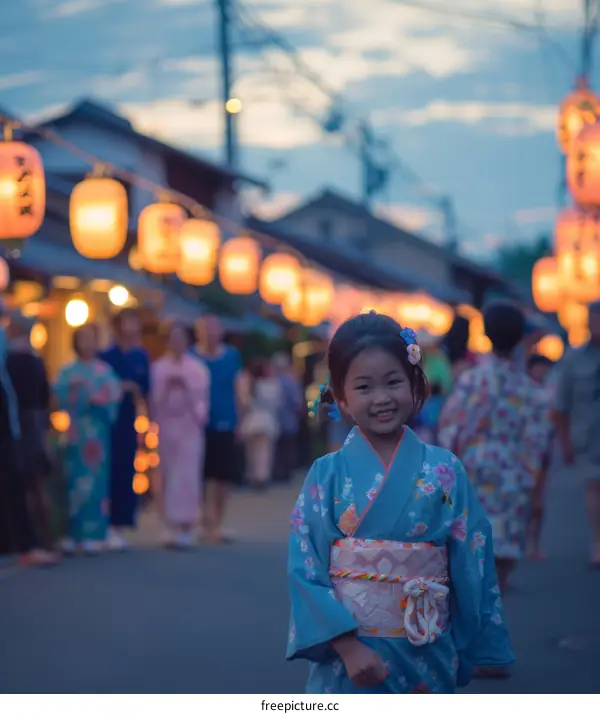 Little Girl Wearing Kimono at Japanese Traditional Summer Festival