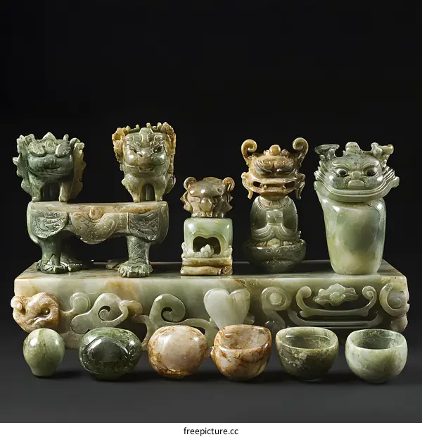 Antique Chinese Jade Carving Set with Lion and Dragon Statues