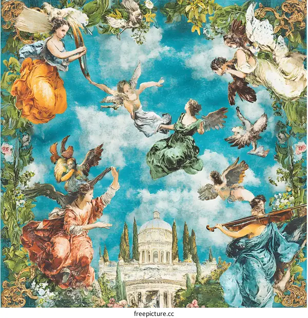 Angels Flying Above a Building in the Sky