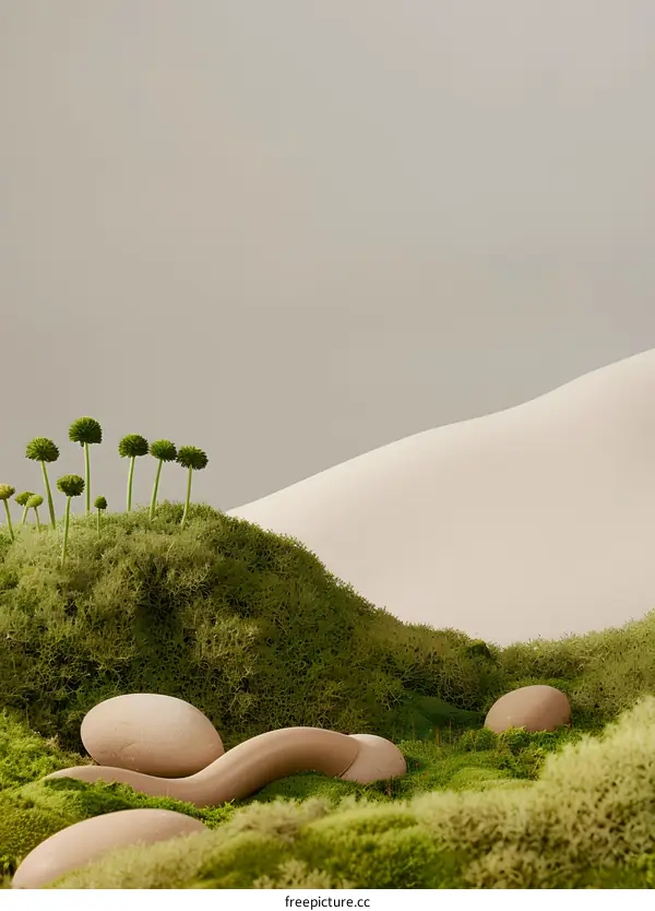 Minimalist Green Mossy Landscape with Stones