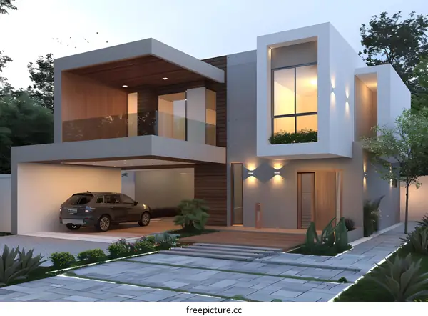 Modern House Design with Wooden Accents and a Car in the Garage