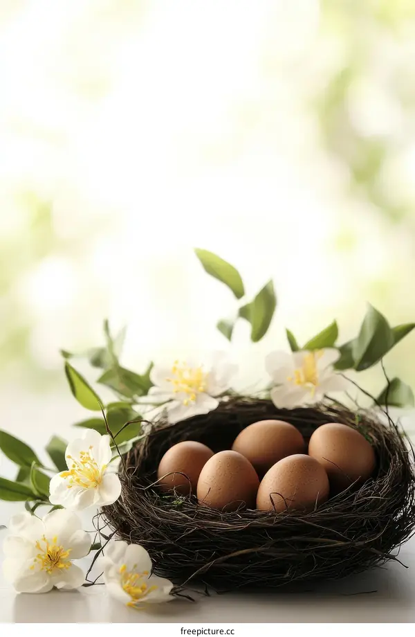 Spring Eggs in a Nest with Flowers