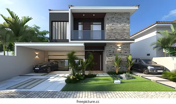 Modern Two Story House Exterior Design with Stone Wall and Green Grass Lawn