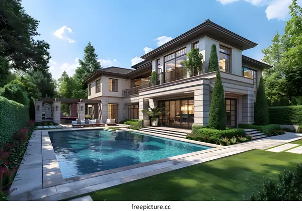 A luxurious house with a pool and a beautiful backyard