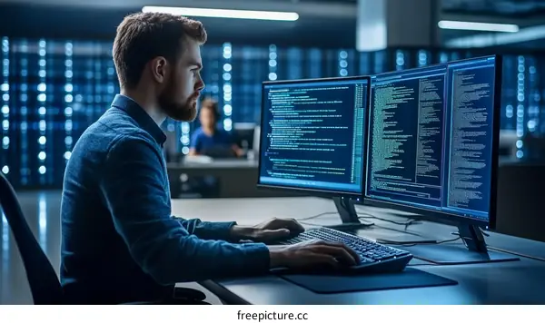 Focused Programmer Working on Code in Server Room