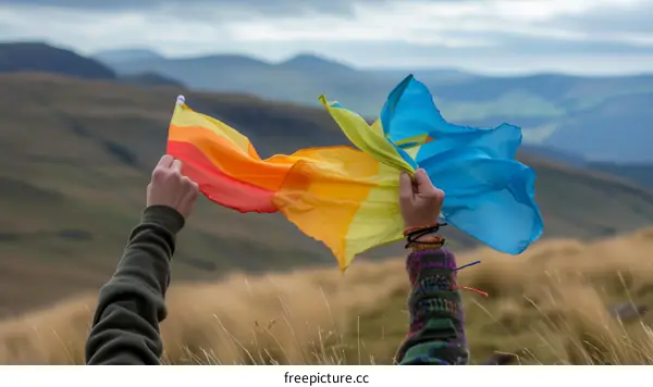 Two people waving a rainbow flag and a transgender flag