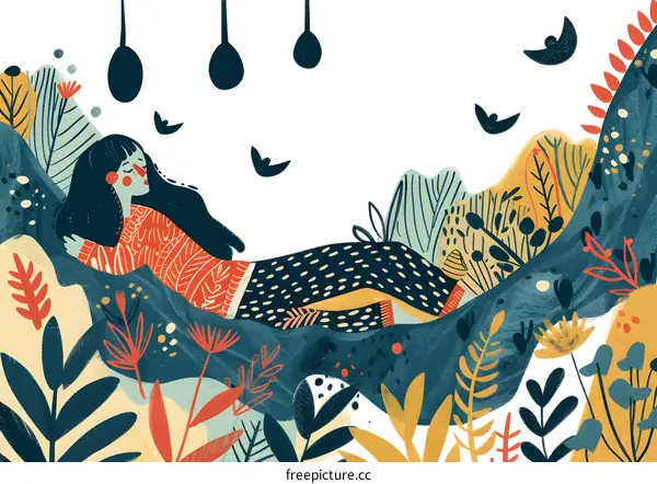 Woman Sleeping In A Floral Landscape Illustration