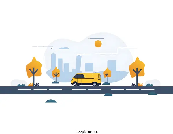 Yellow Van Driving on a Road with City Skyline and Trees Illustration