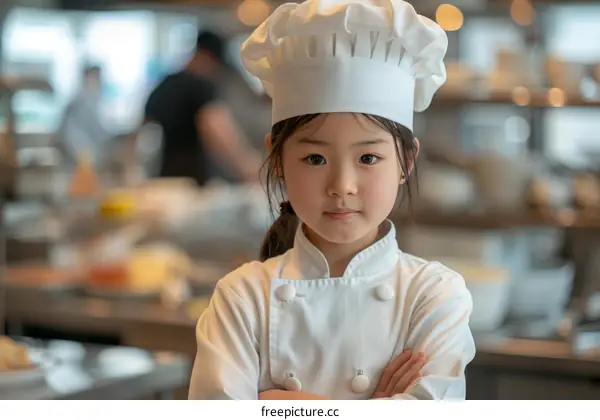 little girl in chef uniform with arms crossed
