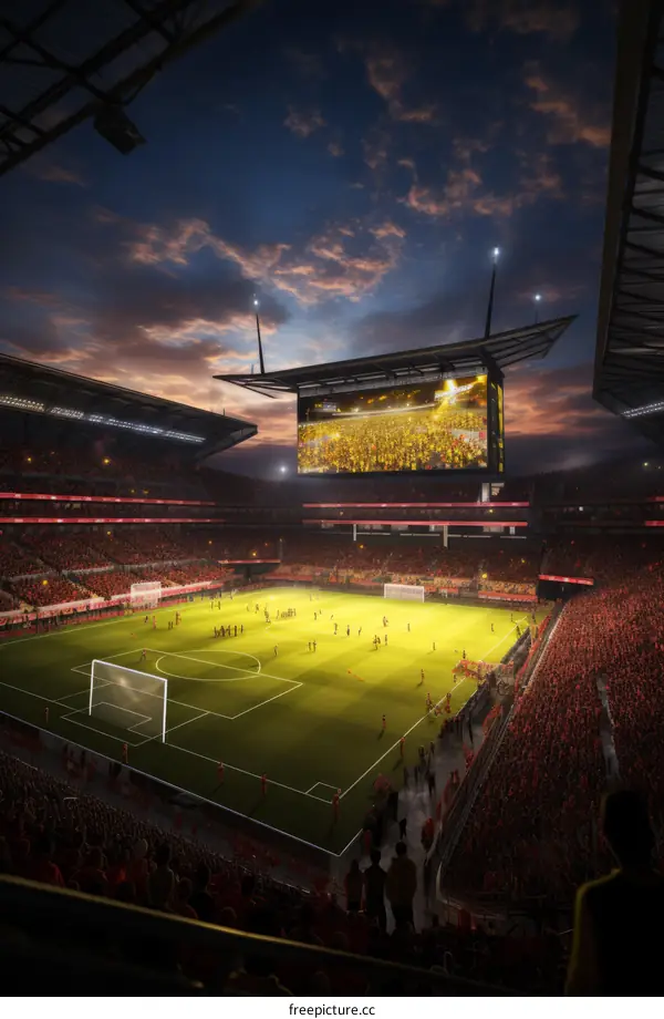 A night match of soccer in a large stadium