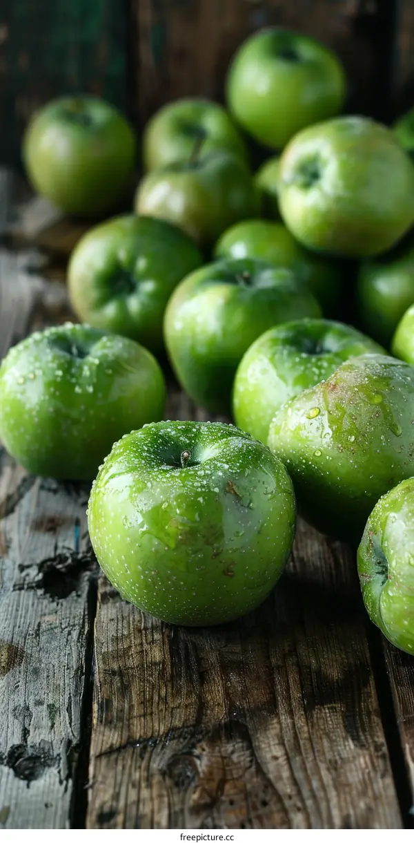 A pile of green apples on a wooden table