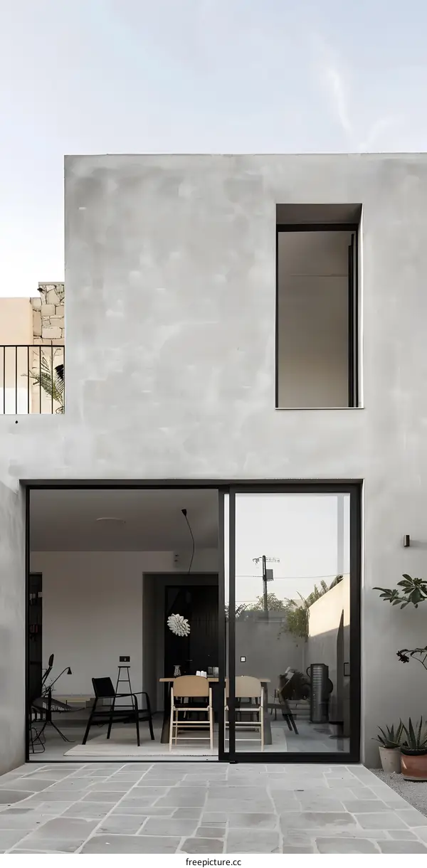 Modern Minimalist Concrete House Exterior with Sliding Glass Doors