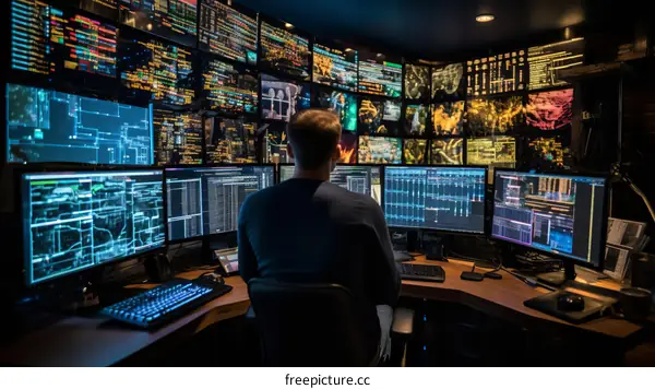 Man in dark room surrounded by computer screens