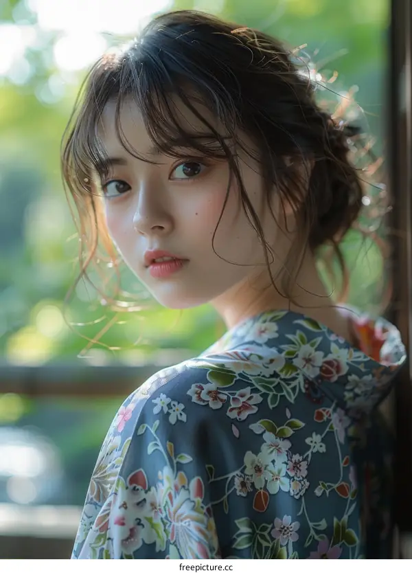 Asian Woman in Traditional Japanese Kimono in Nature