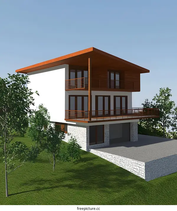 Modern Two Story House Design With Balcony And Garden