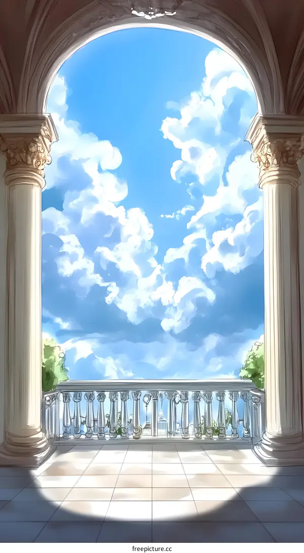 Balcony with Archway and View of Blue Sky with Clouds