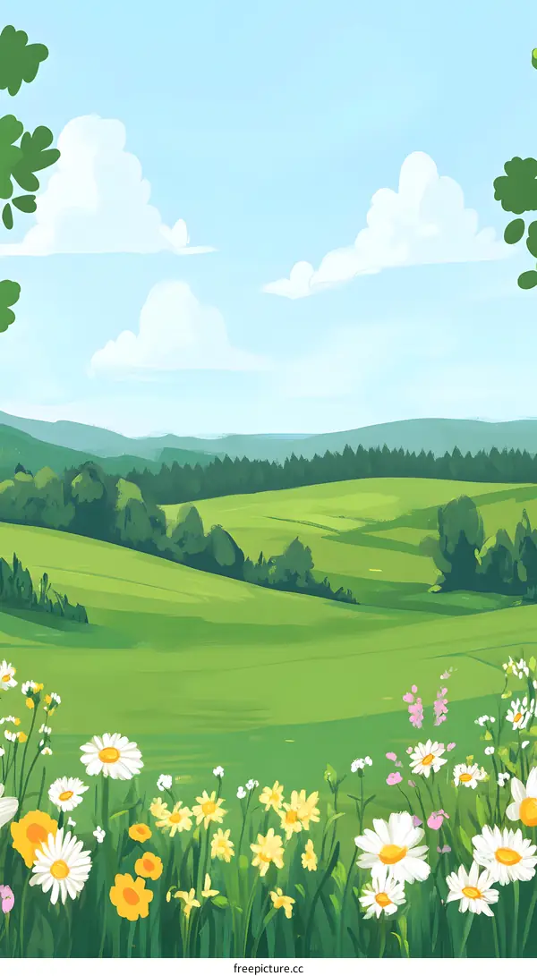 Summer Landscape Illustration with Green Hills and Flowers