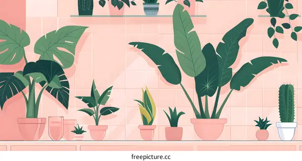 Pink Tile Wall With Green Plants