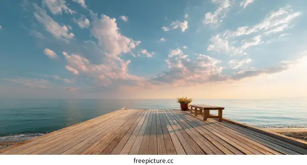 Peaceful Sunrise Wooden Pier by the Sea