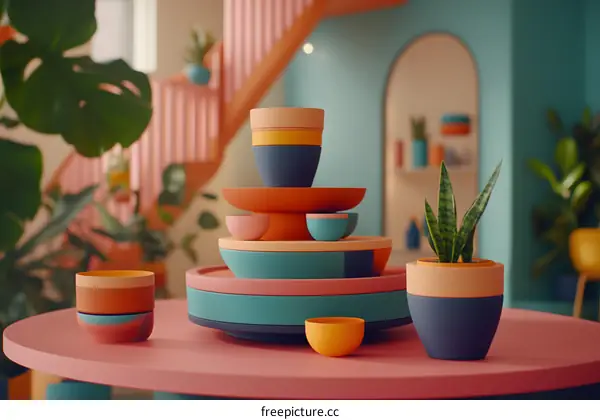 Colorful Stacked Bowls and Plants on a Table in a Retro Style Interior Design