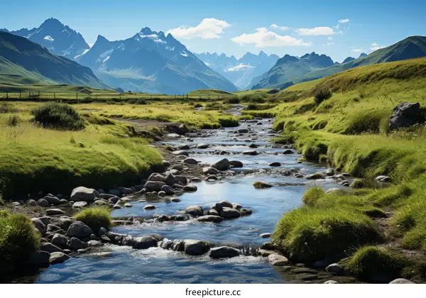 Alpine valley with river in summer