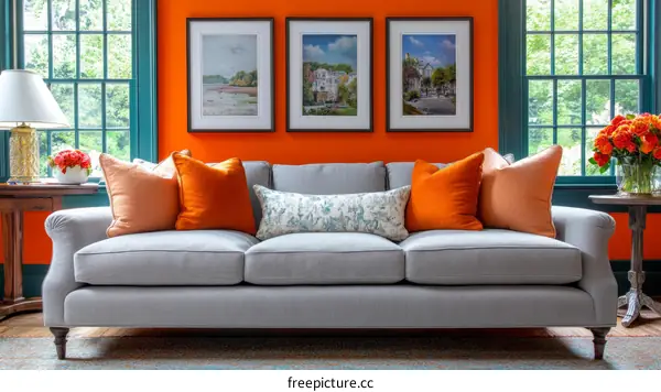 Orange Wall Living Room Sofa with Pictures