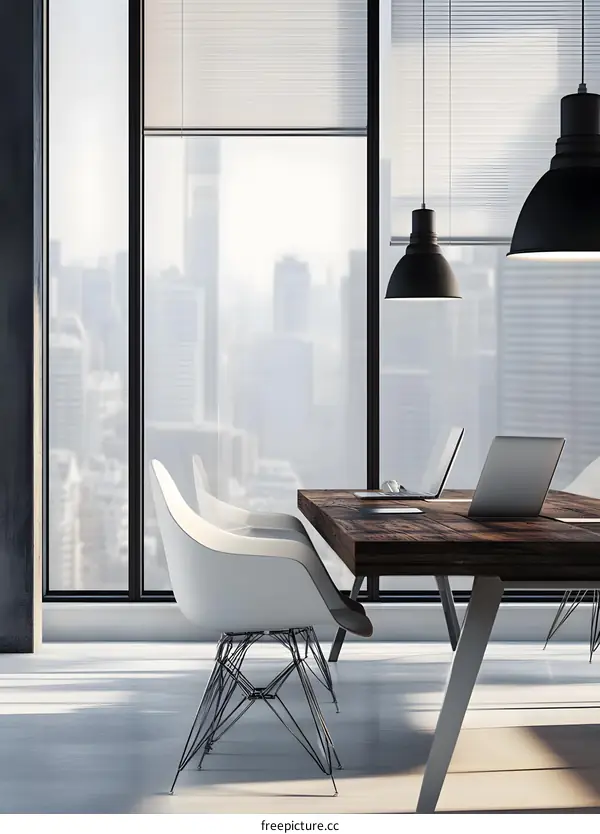 Modern Office Interior Design with Large Windows and Wooden Table